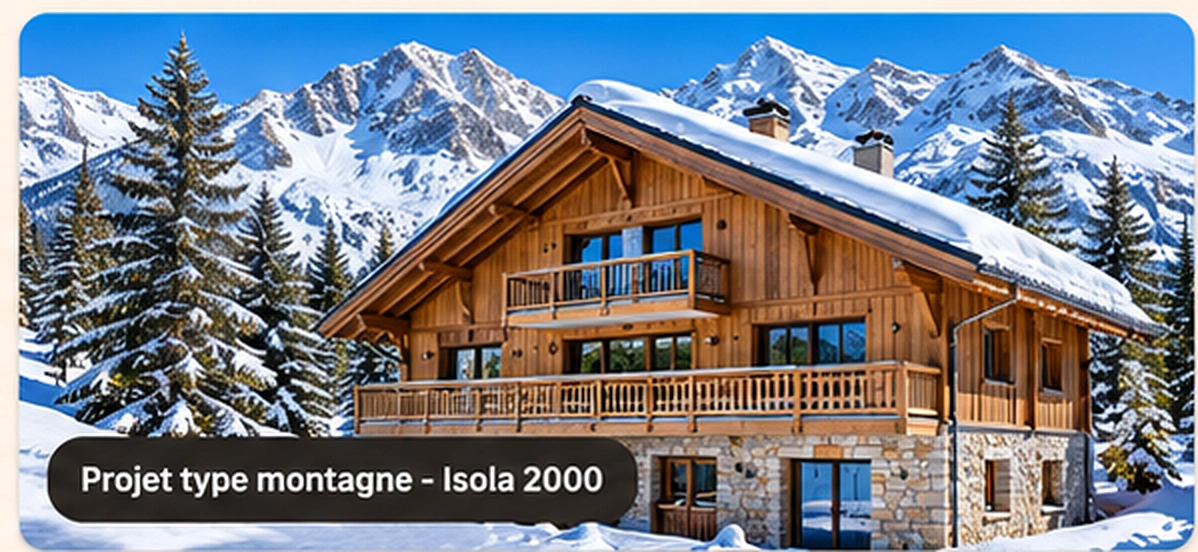 Exemple de chalet de montagne enneigé dans un environnement type Isola 2000
