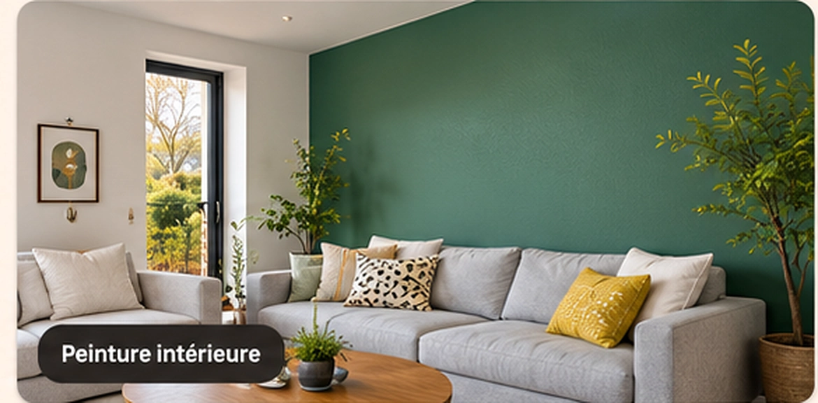 Exemple de salon rénové avec mur peint vert et finitions contemporaines